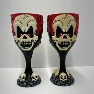 Vintage 2 Skeleton Skull‎ Plastic Wine Goblet Halloween Bones Cup Glass Spooky